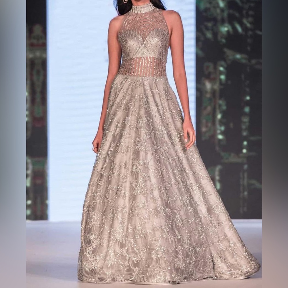 KALKI Grey Gown In Embroidered Net With Sheer Yoke And Waist Line